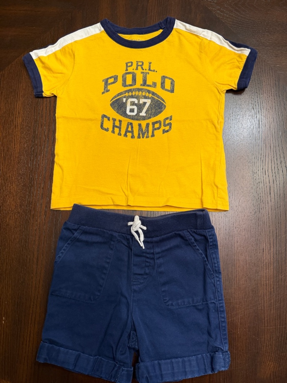 Polo Ralph Lauren 18M Boys Outfit Set Yellow PRL Champs Tee & Navy Shorts
